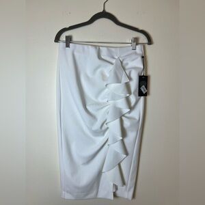 Vince Camuto Womens White Asymmetrical Midi Pencil Skirt Career Chic Ruffle Slip